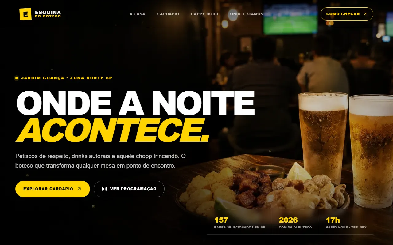 First screen of esquinadoboteco.com: headline "Onde a noite acontece", photo of draught beer and snacks, menu and schedule buttons