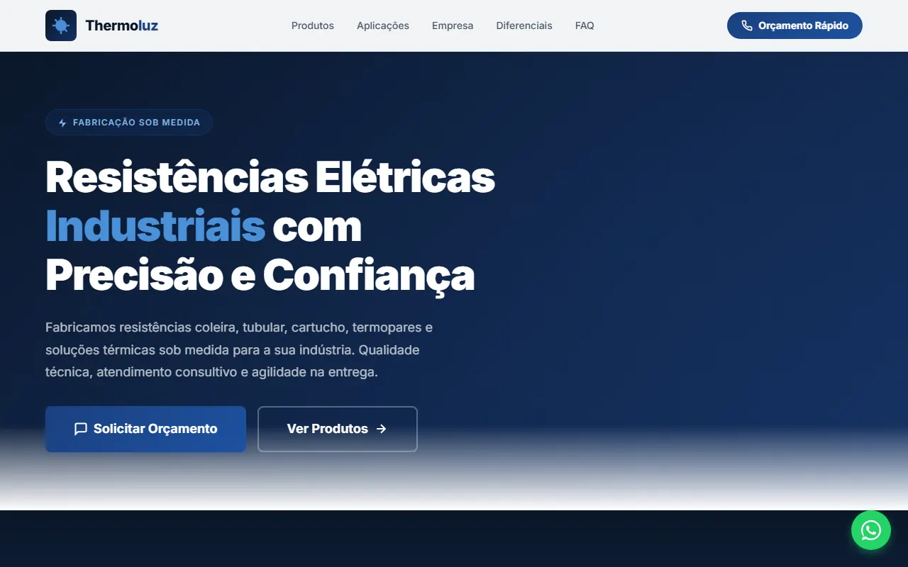 First screen of thermoluz.com: headline "Resistências Elétricas Industriais com Precisão e Confiança" and quote and products buttons