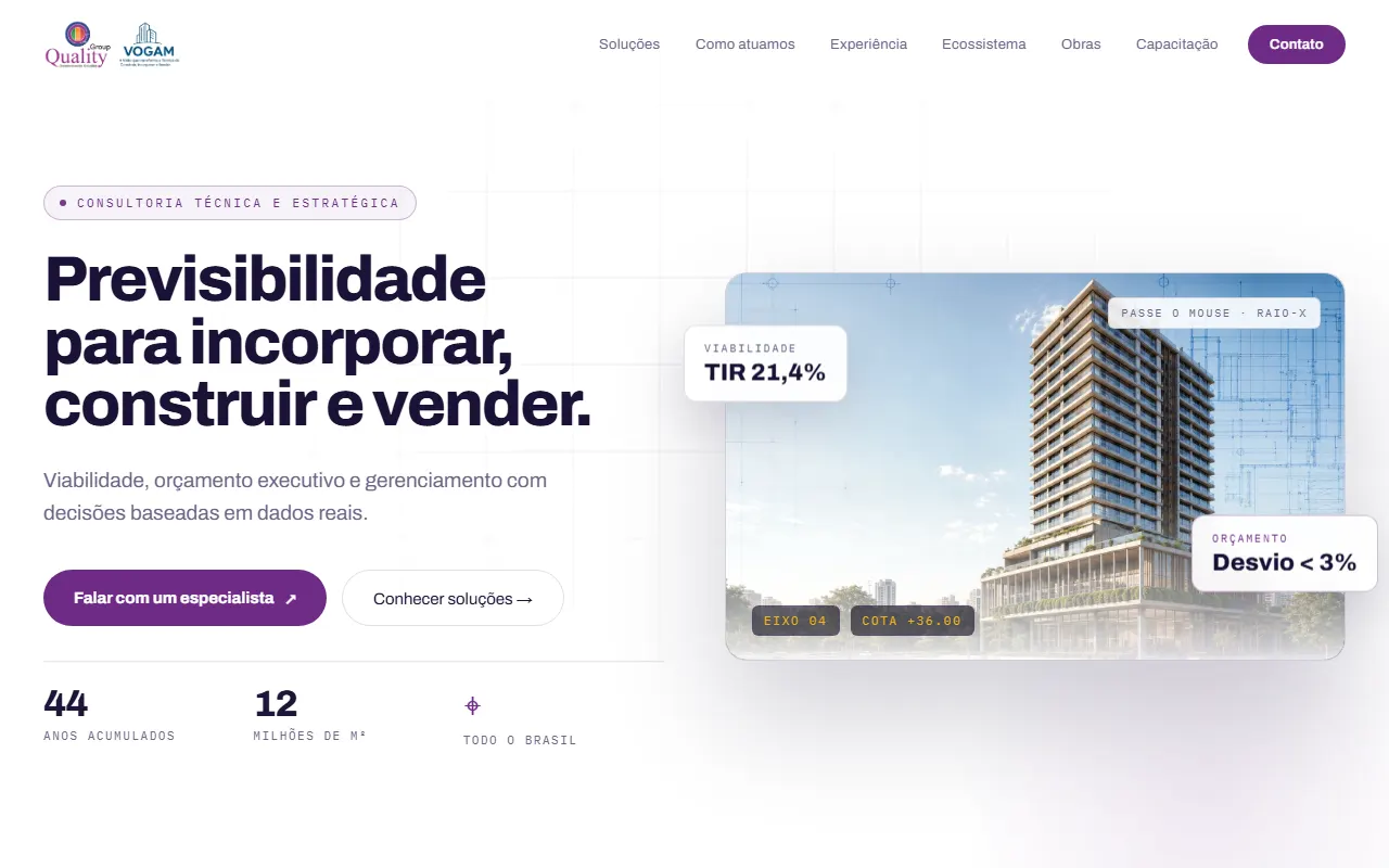 First screen of vogamconsultoria.com: headline "Previsibilidade para incorporar, construir e vender" and an illustration of a building over a blueprint