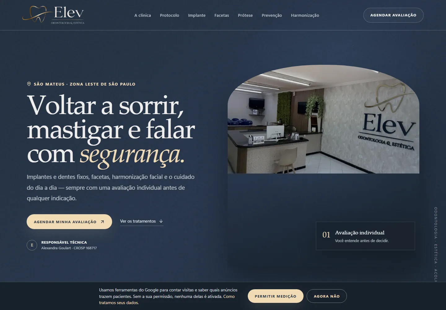 Página inicial do site da ELEV Odontologia, em São Mateus, zona leste de São Paulo, captura de 13/10/2026